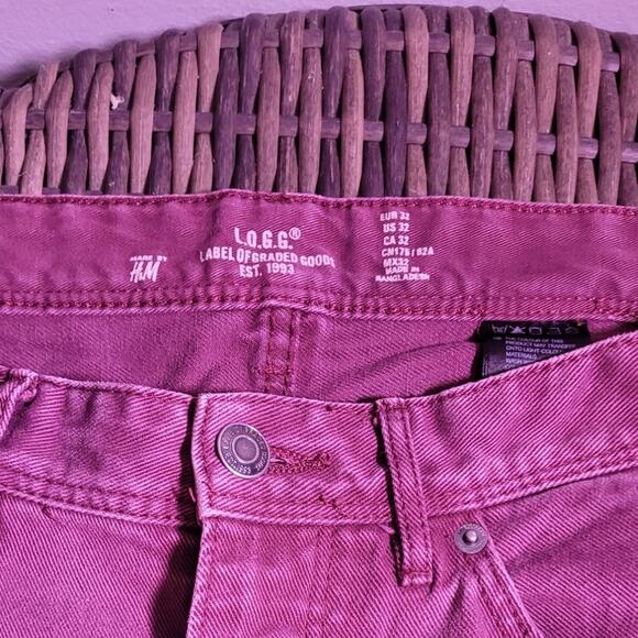 H&M LOGG Red Button Fly Straight Leg Jeans Sz 18/32 100% Cotton Burgundy - Picture 6 of 9